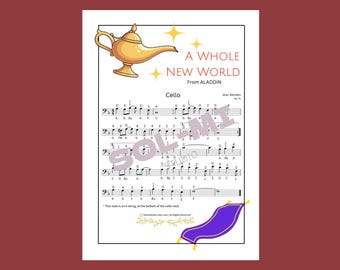 Un mundo completamente nuevo (de Aladino) / Partitura fácil para violonchelo / Descarga digital en PDF imprimible