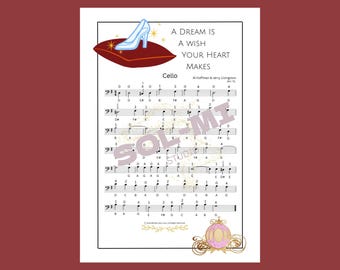 Un sueño es un deseo que pide tu corazón (de Cenicienta) / Partitura fácil para violonchelo / Descarga digital en PDF imprimible