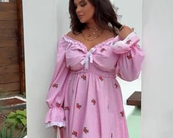 Pink Floral Midi Dress – Plus Size Off Shoulder Cotton Dress Long Sleeves, Maternity Friendly Boho Wedding Guest Outfit Bachelorette Party