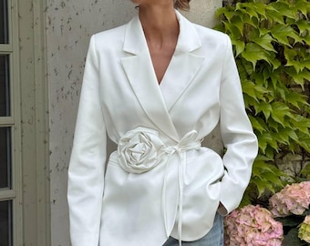 Blazer blanco de novia, chaqueta de boda para mujer, atuendo para el juzgado, novia moderna, elegante, chic, minimalista.