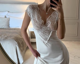 Bridal White Lace Nightgown Robe Set Wedding Ivory Slip Party Dress Gift Sleepwear Honeymoon Lingerie