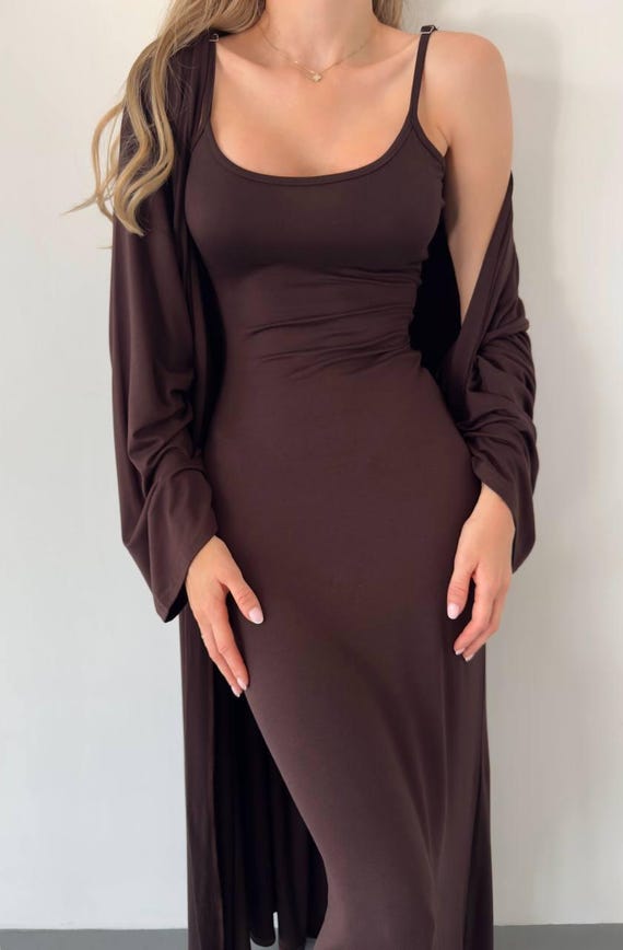 Black Maxi Dress with Cardigan Set, Long Slip Evening Outfit Dress, Minimalist Resort Vacation Wear Slip Dress Black Maxi Dress with Cardigan Set, Long Slip Evening Outfit Dress, Minimalist Resort Vacation Wear Slip Dress