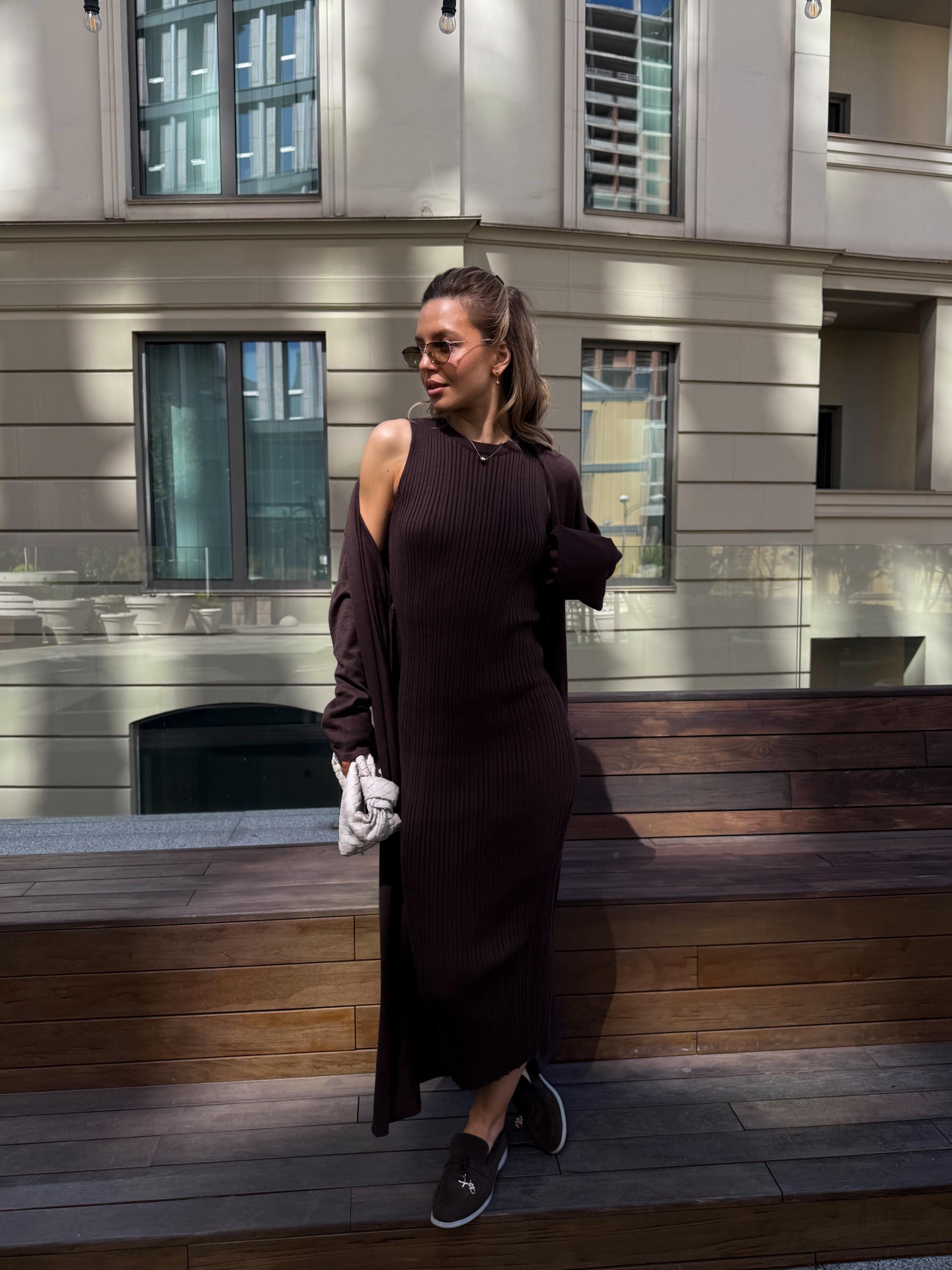 Chocolate Brown Ribbed Knit Maxi Dress and Cardigan Set - Cotton Two Piece Fall Capsule Wardrobe Outfit Women