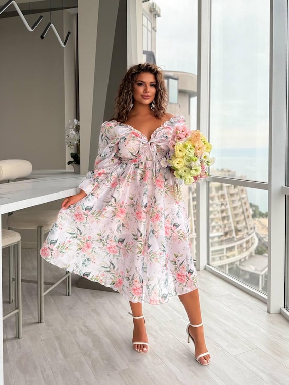 Romantic Plus Size Midi Dress With Floral Print, Organza Summer Dress With  Long Sleeves, Wedding Guest Baby Shower Bachelorette Party Dress