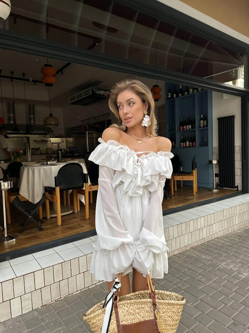 knee length dresses for ladies Sunshine Lane Milkmaid Sleeve Lace-up Back Dress White– Selfie Leslie main image 0