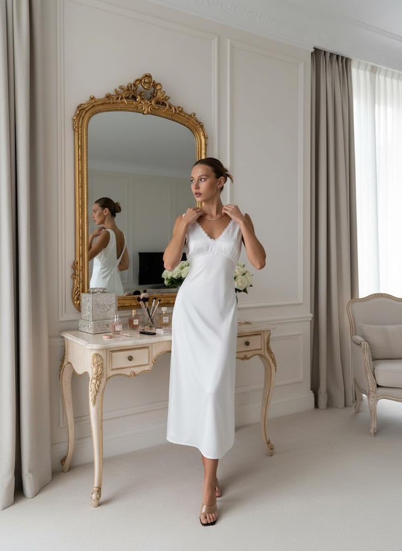 May include: A woman in a white slip dress stands in front of a gold-framed mirror. The dress has a V-neckline and lace trim. A vanity table with makeup and a bouquet of white flowers is visible.