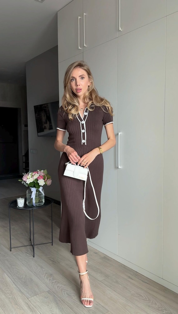 crepe knit button polo dress Scanlan & Theodore - Olive Crepe Knit Button Polo Dress