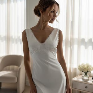 May include: A white, sleeveless slip dress with a V-neckline and delicate lace trim. The dress has a fitted bodice and a flowing skirt. The image is taken indoors, with natural light illuminating the dress. The dress is a classic and elegant piece.
