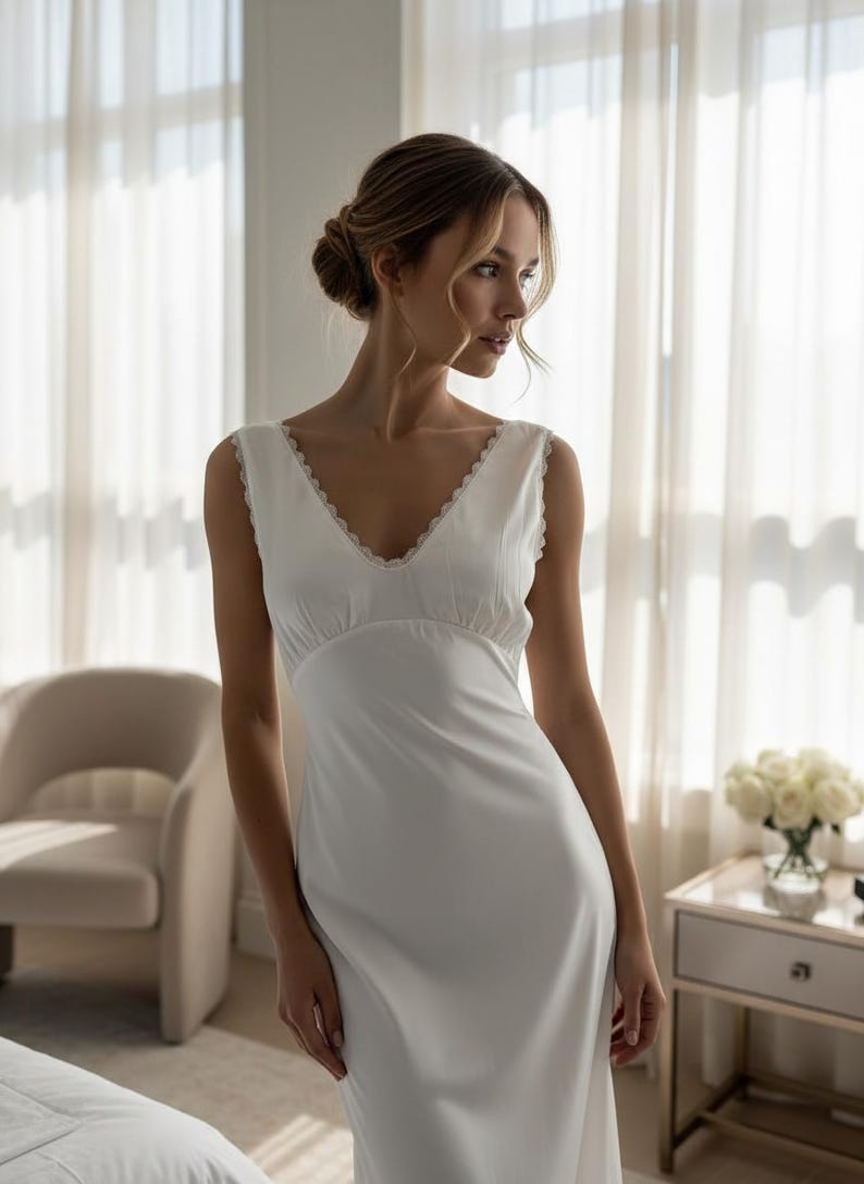 May include: A white, sleeveless slip dress with a V-neckline and delicate lace trim. The dress has a fitted bodice and a flowing skirt. The image is taken indoors, with natural light illuminating the dress. The dress is a classic and elegant piece.