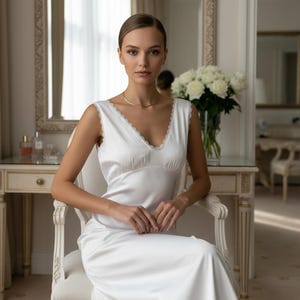 May include: A white satin slip dress with a V-neckline and delicate lace trim. The sleeveless dress is knee-length and worn by a person seated in a white chair. A gold necklace is visible. The setting is a well-lit room with a mirror and flowers.