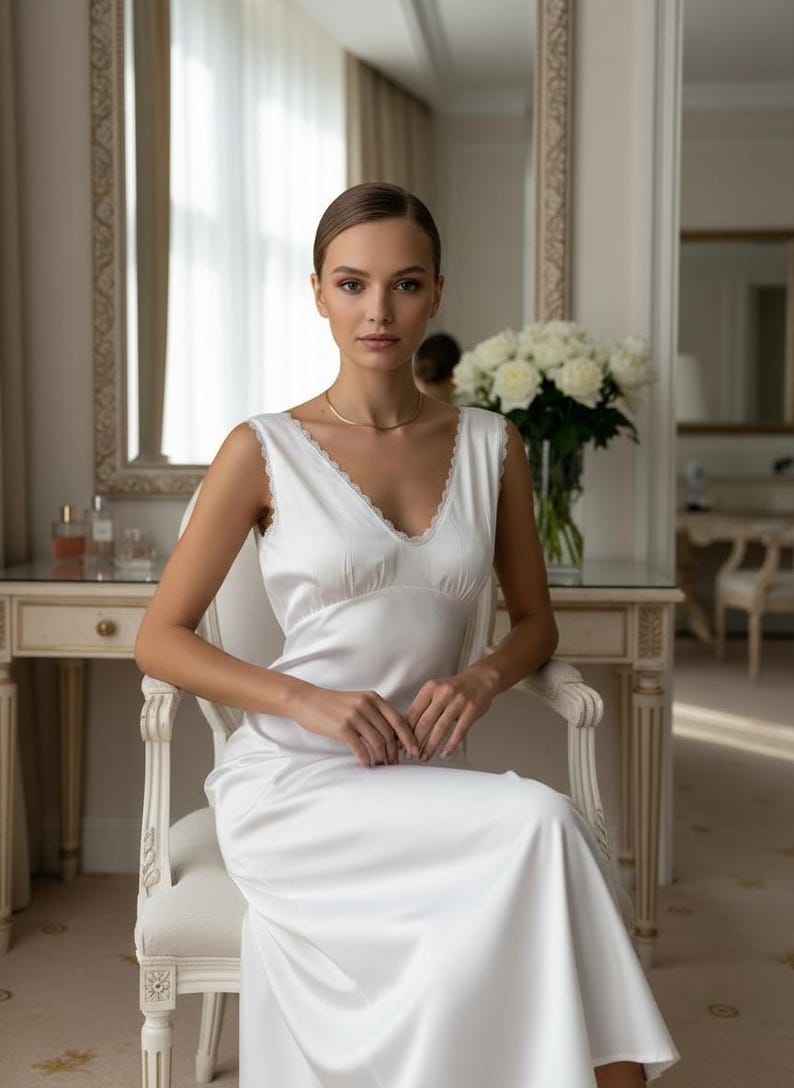 May include: A white satin slip dress with a V-neckline and delicate lace trim. The sleeveless dress is knee-length and worn by a person seated in a white chair. A gold necklace is visible. The setting is a well-lit room with a mirror and flowers.