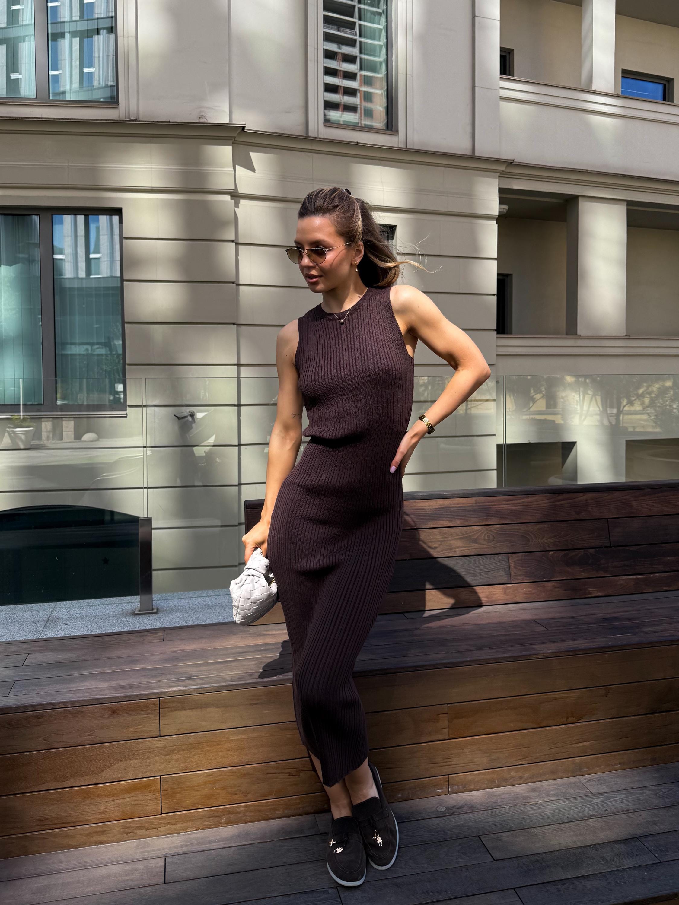 Chocolate Brown Ribbed Knit Maxi Dress and Cardigan Set - Cotton Two Piece Fall Capsule Wardrobe Outfit Women