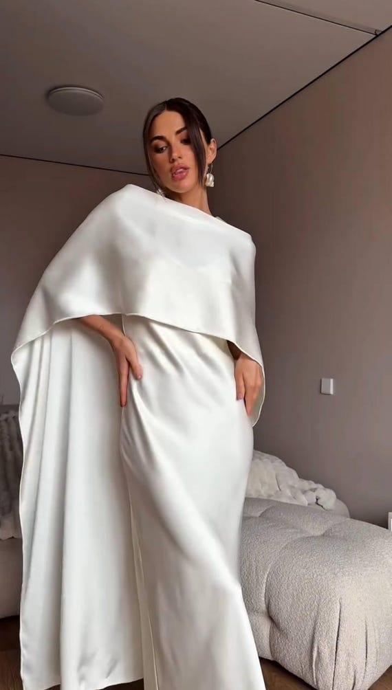 White Satin Maxi Dress with Matching Shawl, White Open Back Slip Dress, Minimalist Wedding Gown, Timeless Bridal Dress, Bachelorette Party