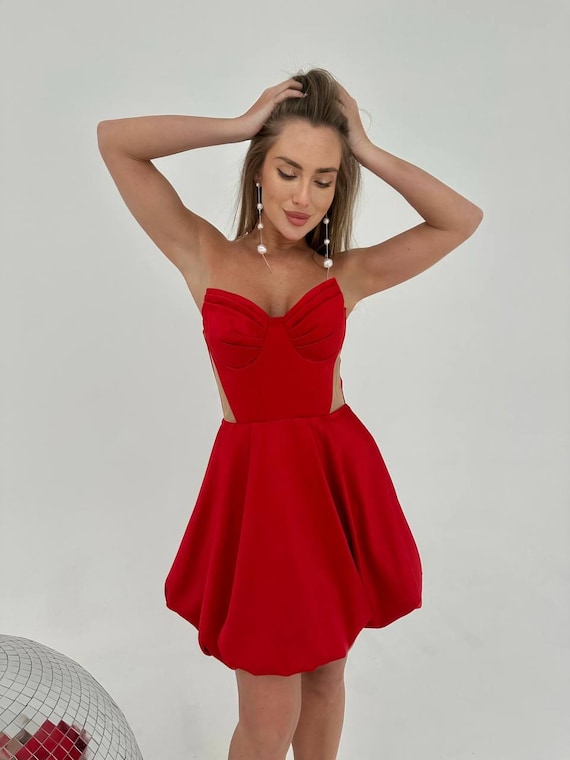 Vestido curto de cetim vermelho com espartilho, vestido de