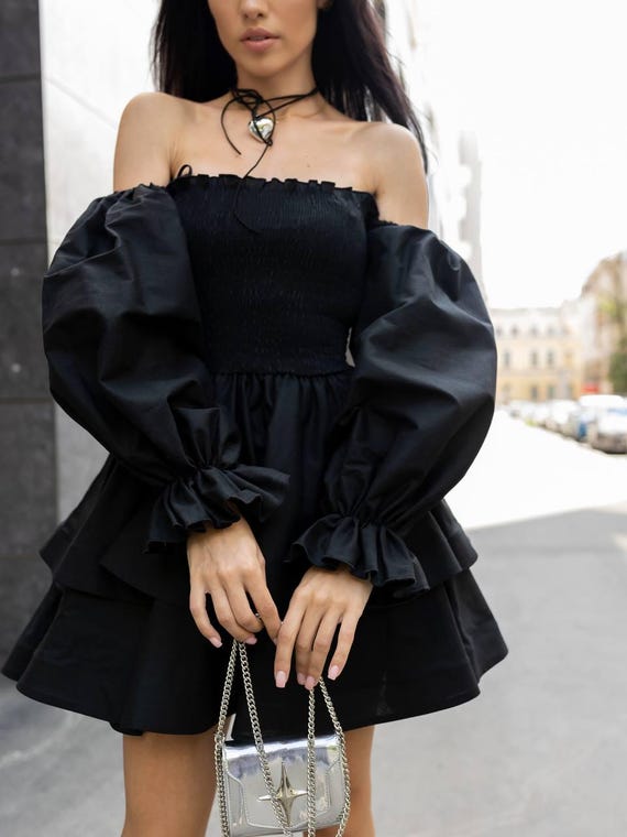 Black Ruffled off Shoulder Puff Sleeve Linen Mini Dress, Layered Ruffle Little  Black Dress for Party Events Bachelorette Bridesmaid - Etsy Australia