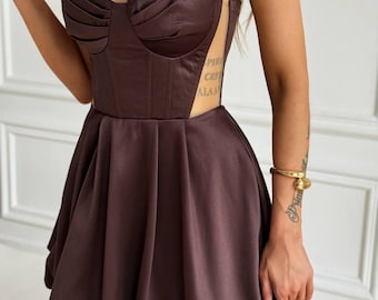 Brown Satin Mini Dress - Etsy Brown Satin Mini Dress - Etsy