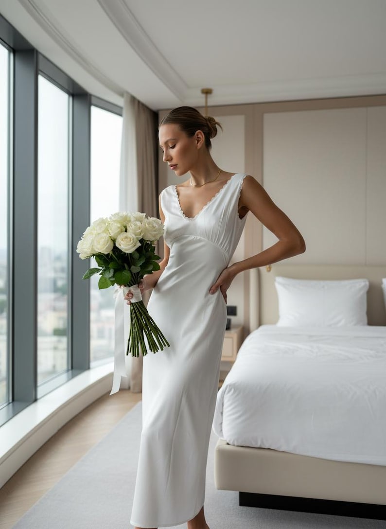 May include: A sleeveless white satin dress with a V-neck and lace trim. The dress is worn by a person holding a bouquet of white roses. The background includes a large window and a bed with white linens.