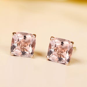 Peach Morganite Cushion Earring - Minimalist Wedding Gifts - Solitaire Peach Morganite Studs - Promise Gifts For Love - Morganite Jewelry