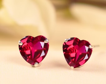 Ruby Heart Stud Earrings | 925 Sterling Silver, July Birthstone