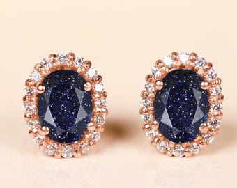 Pendientes de oro rosa con halo de arenisca azul / Pendientes de plata de ley