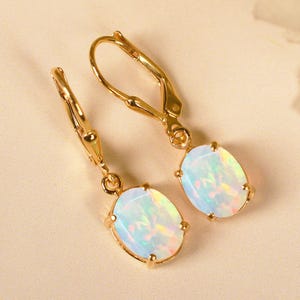 Opal Drop Earrings - Yellow Gold Dangle Earrings with Elegant Opals - Leverback Jewelry for Her - Anniversary Gifts - Modern Opal Earrings