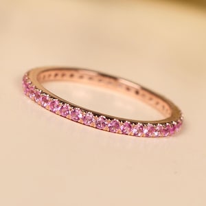 Pink Sapphire Full Eternity Wedding Band - 14K Rose Gold Round Beautiful Band - Engagement Matching band -Romantic Pink Sapphire Jewelry