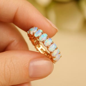 Opal Band Ring in Silver , Dainty Eternity Style Ring, October Birthstone Anniversary Gift