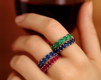 Alianza de boda con rubí baguette, anillo apilable de oro macizo, piedra natal de julio