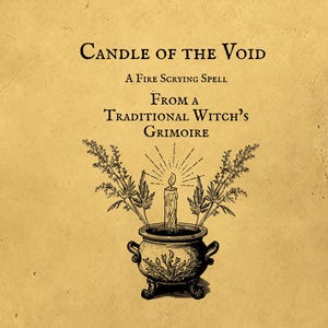 May include: Illustration of a candle in a cauldron with sprigs of herbs, from a traditional witch's grimoire. The text reads "Candle of the Void, A Fire Scrying Spell". The background is a parchment-like texture.