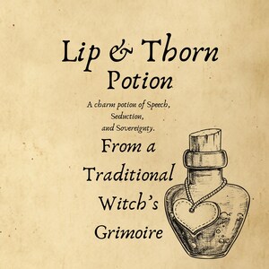 Può includere: Una stampa in stile vintage con il testo "Lip & Thorn Potion" e un'illustrazione dettagliata di una bottiglia di pozione. La bottiglia ha un tappo di sughero e un'etichetta a forma di cuore, con testo che descrive gli effetti della pozione.