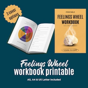 May include: A printable Feelings Wheel Workbook with three cover options. The open book displays a colorful feelings wheel and lined pages. The cover features a brain graphic and the text "Feelings Wheel Workbook". Includes A5, A4, and US Letter sizes.