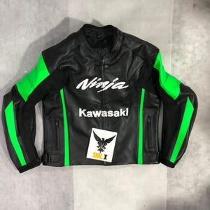 Kawasaki Racing Motorbike Cowhide Leather Jacket Vintage New Kawasaki Ninja Motorcycle Biker Jacket