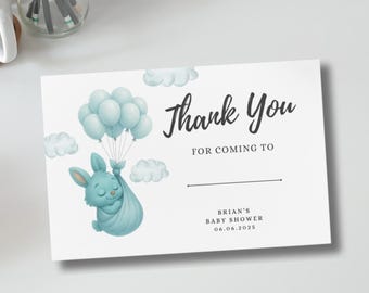 Blue Bunny Baby Shower Thank You Card, Canva Template (Digital Download)