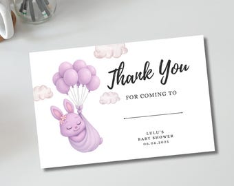 Purple Baby Shower Thank You Card, Bunny, Canva Template (Digital Download)