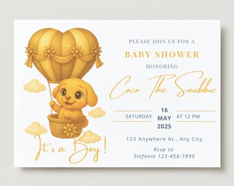 Puppy Hot Air Balloon Baby Shower Invitation, Coco, Gold (Digital Download)