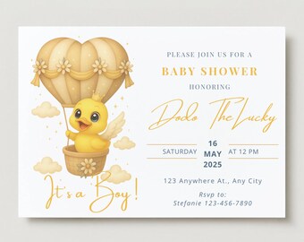 Dodo Duck Baby Shower Invitation, Hot Air Balloon, Canva Template (Digital Download)