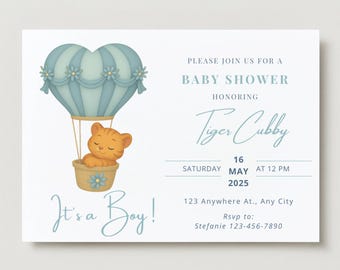 Blue Tiger Cub Baby Shower Invitation, Hot Air Balloon (Digital Download)