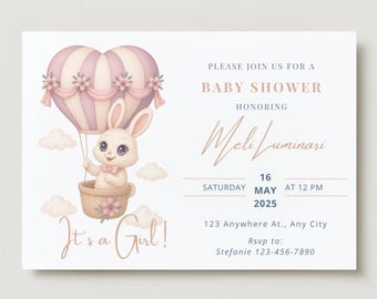 Pink Bunny Hot Air Balloon Baby Shower Invitation Template (Digital Download)