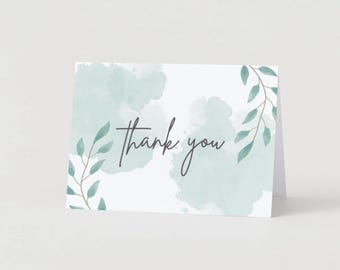 Printable Green Floral Thank You Card - 7 x 5in Landscape card - Instant Download PDF