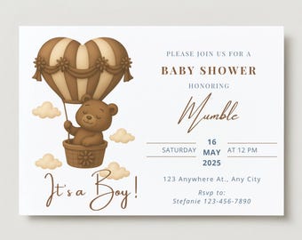 Brown Bear Baby Shower Invitation, Hot Air Balloon, Canva Template (Digital Download)
