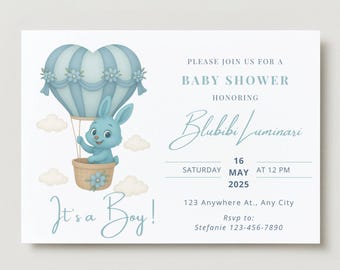Blue Bunny Baby Shower Invitation, Blubibi Theme (Canva Template Digital Download)