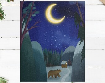 May include: A jigsaw puzzle featuring a winter night scene. A crescent moon shines over a snowy landscape with a bear, a small cabin, and a forest. The puzzle has a blue and brown color scheme.