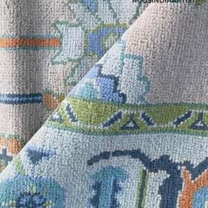 Hand-Knotted Oushak Wool Rug: Green Blue Turkish Floral Carpet,