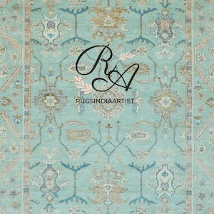 Turquoise Oushak Runner Rug – Hand-Knotted Wool Hallway Carpet | 2.5x10 Vintage Turkish Style | Soft Blue Oriental Runner Decor