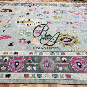 Gray Oushak Wool Rug – Hand-Knotted Turkish Tribal Carpet | Colorful Geometric 8x10 Area Rug | Boho Living Room Floor Decor
