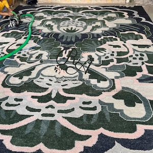 Dark Green Oushak Rug: Hand-Knotted Wool Floral Medallion, 8x10