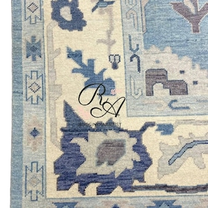 Hand Knotted Oushak Wool Rug: Blue Beige Vintage Turkish Carpet