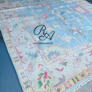 Handmade Oushak Rug 8x10 | Light Blue Turkish Area Rug | Vintage Style Wool Carpet | Soft Pastel Oriental Rug | Boho Living Decor