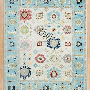 Light Blue Oushak Rug 8x10 ft: Handmade Wool Turkish Carpet