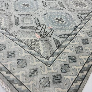 Blue Gray Oushak Rug: Hand Knotted Wool Turkish Carpet